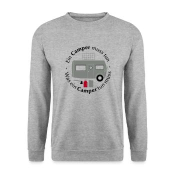 Ein Camper muss tun was ein Camper tun muss Spruch - Unisex Pullover - Weißgrau meliert - Vorne - Alina (178cm) & Michal (187cm)