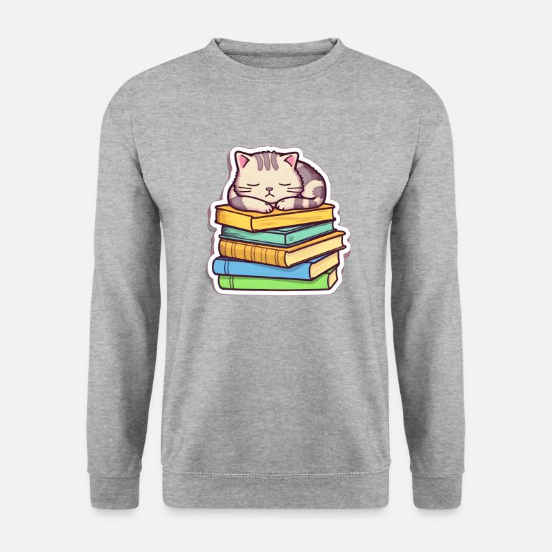 Schlafende Bücherkatze - Unisex Pullover - Weißgrau meliert