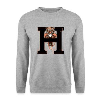 Buchstabe h Tiger - Geschenkidee - Unisex Pullover - Weißgrau meliert - Vorne - Alina (178cm) & Michal (187cm)