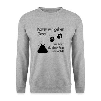 Komm wir gehen Gassi: Belohnung in Pfotenform - Unisex Pullover - Weißgrau meliert - Vorne - Alina (178cm) & Michal (187cm)