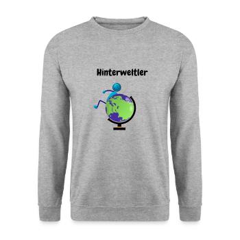 Wortspiel Spruch Hinterweltler Lustiges Motiv - Unisex Pullover - Weißgrau meliert - Vorne - Alina (178cm) & Michal (187cm)