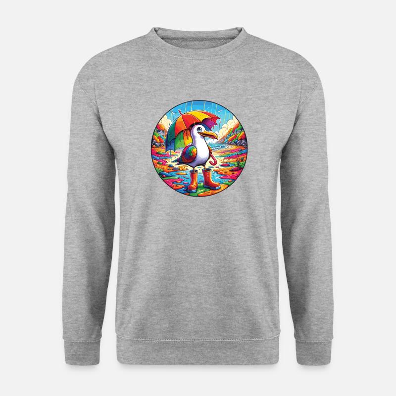 Regenbogen Möwe mit Sonnenschirm und Gummistiefel - Unisex Pullover - Weißgrau meliert