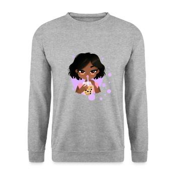 Kawaii afro noire africaine buvant du bubble tea - Sweat-shirt Unisexe - gris chiné - Devant - Alina (178cm) & Michal (187cm)