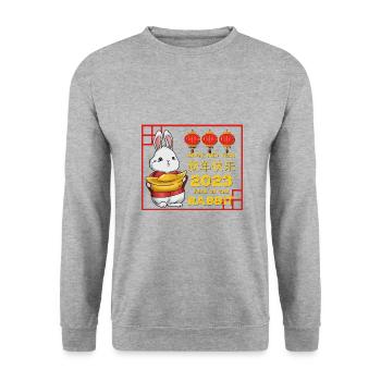 Chinesisches Neujahr Hase Asien 2023 I Geschenk - Unisex Pullover - Weißgrau meliert - Vorne - Alina (178cm) & Michal (187cm)