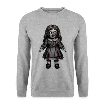 Gruselige Horror Puppe Halloween Geschenk  - Unisex Pullover - Weißgrau meliert - Vorne - Alina (178cm) & Michal (187cm)