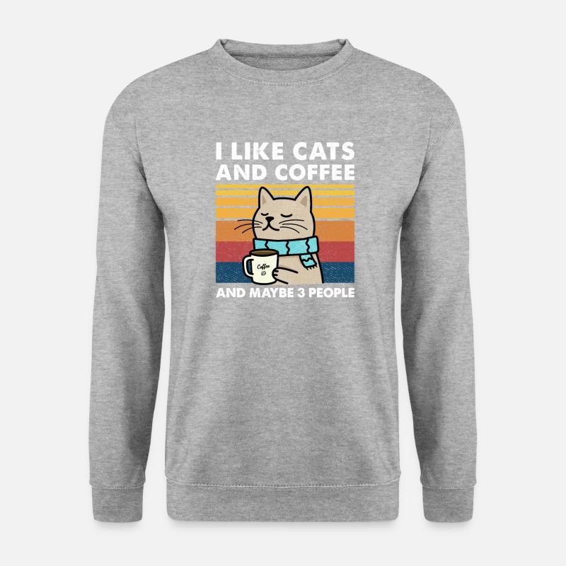 Ich mag Katzen und Kaffee und vielleicht 3 Leute - Unisex Pullover - Weißgrau meliert