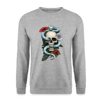 Totenkopf mit Schlange und Blumen - Unisex Pullover - Weißgrau meliert - Vorne - Alina (178cm) & Michal (187cm)