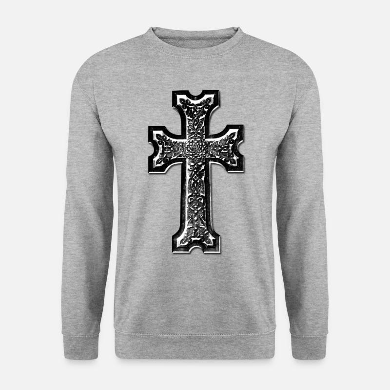 Armenisches Kreuz aus Stein schwarz / Armenian - Unisex Pullover - Weißgrau meliert