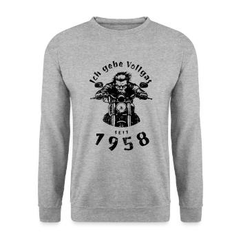 66. Geburtstag Ich gebe Vollgas seit 1958 - Unisex Pullover - Weißgrau meliert - Vorne - Alina (178cm) & Michal (187cm)