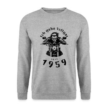 65. Geburtstag Ich gebe Vollgas seit 1959 - Unisex Pullover - Weißgrau meliert - Vorne - Alina (178cm) & Michal (187cm)