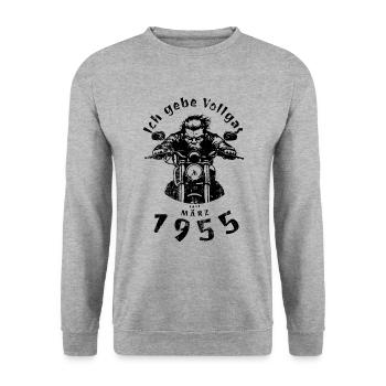 70. Geburtstag Ich gebe Vollgas seit 03/1955 - Unisex Pullover - Weißgrau meliert - Vorne - Alina (178cm) & Michal (187cm)