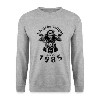 40. Geburtstag Ich gebe Vollgas seit 04/1985 - Unisex Pullover - Weißgrau meliert - Vorne - Alina (178cm) & Michal (187cm)