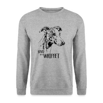 Loved by a Whippet Hundespruch Hunde Wilsigns - Unisex Pullover - Weißgrau meliert - Vorne - Alina (178cm) & Michal (187cm)