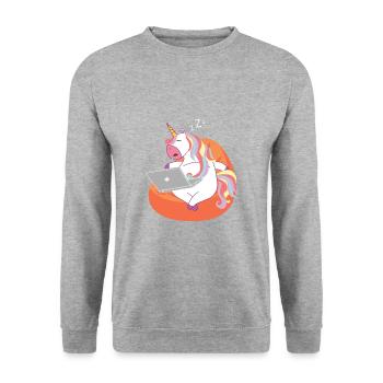 Licorne dormant avec un ordinateur portable / Einhorn - Sweat-shirt Unisexe - gris chiné - Devant - Alina (178cm) & Michal (187cm)