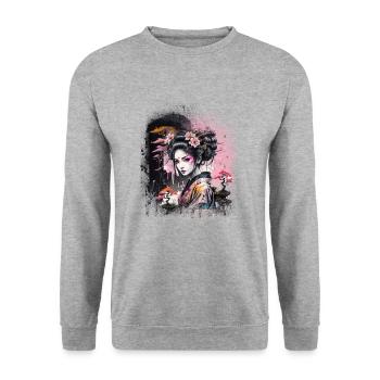 geisha, graffiti,kawaii,anime,frau,asiatin - Unisex Pullover - Weißgrau meliert - Vorne - Alina (178cm) & Michal (187cm)