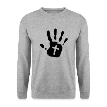 Handprint Christian Cross Cutout 1c - Unisex Sweatshirt - salt & pepper - Front - Alina (178cm) & Michal (187cm)