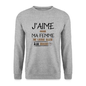 j'aime quand ma femme me laisse aller a la chasse - Sweat-shirt Unisexe - gris chiné - Devant - Alina (178cm) & Michal (187cm)