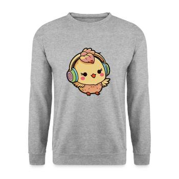 Kawaii Süßes Happy Buntes Huhn mit Kopfhörern - Unisex Pullover - Weißgrau meliert - Vorne - Alina (178cm) & Michal (187cm)