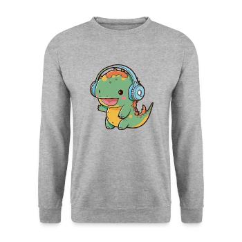 Kawaii Cute Happy Colorful Dino with Headphones - Unisex Sweatshirt - salt & pepper - Front - Alina (178cm) & Michal (187cm)