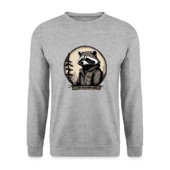 Waschbär "Die Erde hat keine Besitzer,..." - Unisex Pullover - Weißgrau meliert - Vorne - Alina (178cm) & Michal (187cm)