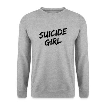 "Suicide Girl" - Schwarze Pinselschrift - Unisex Pullover - Weißgrau meliert - Vorne - Alina (178cm) & Michal (187cm)