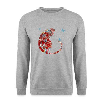 katze mit schmetterling e 251 - Unisex Pullover - Weißgrau meliert - Vorne - Alina (178cm) & Michal (187cm)