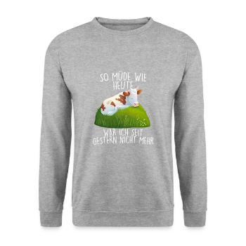 Müde Spruch Kuh Kühe Schlafanzug Morgenmuffel - Unisex Pullover - Weißgrau meliert - Vorne - Alina (178cm) & Michal (187cm)