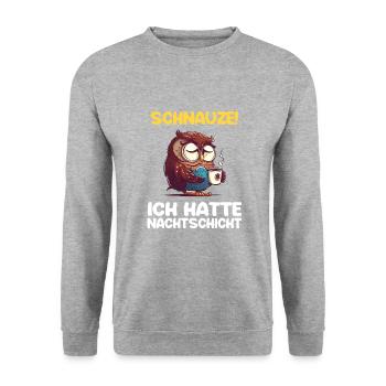 Schnauze! Ich hatte Nachtschicht Kaffee Eule - Unisex Pullover - Weißgrau meliert - Vorne - Alina (178cm) & Michal (187cm)
