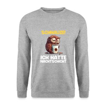 Schnauze! Ich hatte Nachtschicht Kaffee Eule - Unisex Pullover - Weißgrau meliert - Vorne - Alina (178cm) & Michal (187cm)