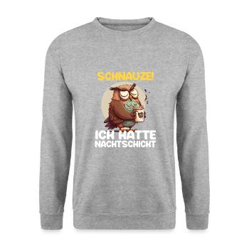 Schnauze! Ich hatte Nachtschicht Kaffee Eule - Unisex Pullover - Weißgrau meliert - Vorne - Alina (178cm) & Michal (187cm)