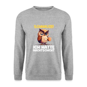 Nachtschicht Kaffee Eule Nachtdienst Schichtarbeit - Unisex Pullover - Weißgrau meliert - Vorne - Alina (178cm) & Michal (187cm)