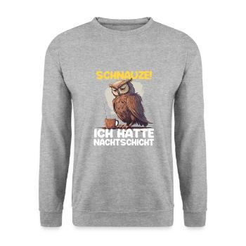 Nachtschicht Kaffee Eule Nachtdienst Schichtarbeit - Unisex Pullover - Weißgrau meliert - Vorne - Alina (178cm) & Michal (187cm)
