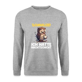 Nachtschicht Kaffee Eule Nachtdienst Schichtarbeit - Unisex Pullover - Weißgrau meliert - Vorne - Alina (178cm) & Michal (187cm)