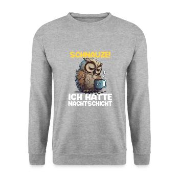 Schnauze! Ich hatte Nachtschicht Kaffee Eule - Unisex Pullover - Weißgrau meliert - Vorne - Alina (178cm) & Michal (187cm)