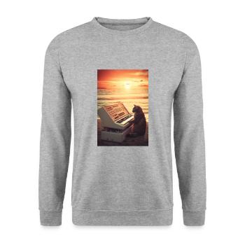 Cat Synthesizer Katze Retro Vintage Studio Gear - Unisex Pullover - Weißgrau meliert - Vorne - Alina (178cm) & Michal (187cm)