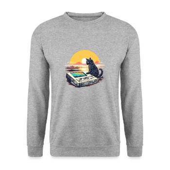 Cat Synthesizer Katze Retro Vintage Studio Gear - Unisex Pullover - Weißgrau meliert - Vorne - Alina (178cm) & Michal (187cm)