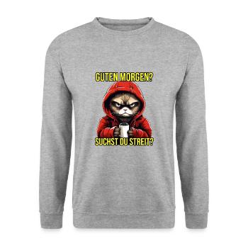 Katzen Spruch Arbeit Schlafen Guten Morgen Suchst - Unisex Pullover - Weißgrau meliert - Vorne - Alina (178cm) & Michal (187cm)