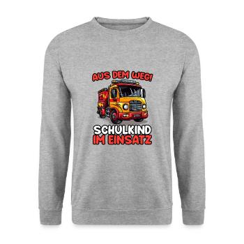 Einschulung Jungen Feuerwehr Kinder Schulanfang - Unisex Pullover - Weißgrau meliert - Vorne - Alina (178cm) & Michal (187cm)