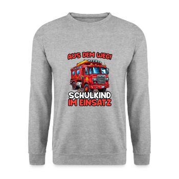 Einschulung Jungen Feuerwehr Kinder Schulanfang - Unisex Pullover - Weißgrau meliert - Vorne - Alina (178cm) & Michal (187cm)