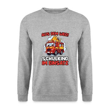 Einschulung Jungen Feuerwehr Kinder Schulanfang - Unisex Pullover - Weißgrau meliert - Vorne - Alina (178cm) & Michal (187cm)