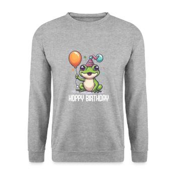Frosch Happy Birthday Hoppy Birthday Cute Frog - Unisex Pullover - Weißgrau meliert - Vorne - Alina (178cm) & Michal (187cm)