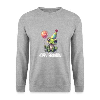Frosch Happy Birthday Hoppy Birthday Cute Frog - Unisex Pullover - Weißgrau meliert - Vorne - Alina (178cm) & Michal (187cm)