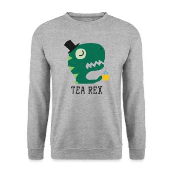 Tea Rex - Funny Dino - T-Rex - Unisex Pullover - Weißgrau meliert - Vorne - Alina (178cm) & Michal (187cm)