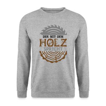 Farbe änderbar | Der mit dem Holz spricht - Unisex Pullover - Weißgrau meliert - Vorne - Alina (178cm) & Michal (187cm)