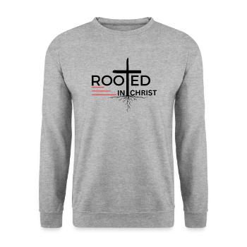 Verwurzelt in Christus - Kolosser 2:7 Kleidung - Unisex Pullover - Weißgrau meliert - Vorne - Alina (178cm) & Michal (187cm)