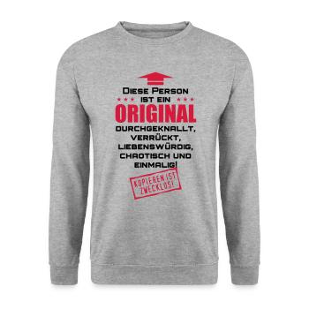 44 Diese Person ist ein ORIGINAL Spruch lustig 2c - Unisex Pullover - Weißgrau meliert - Vorne - Alina (178cm) & Michal (187cm)