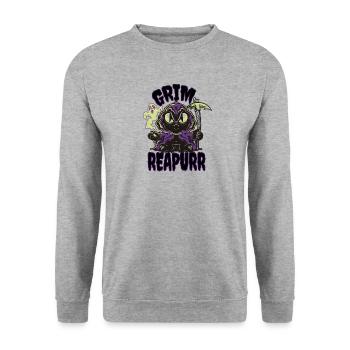 Halloween Katze Humor Grim Reapurr Katzen - Unisex Pullover - Weißgrau meliert - Vorne - Alina (178cm) & Michal (187cm)