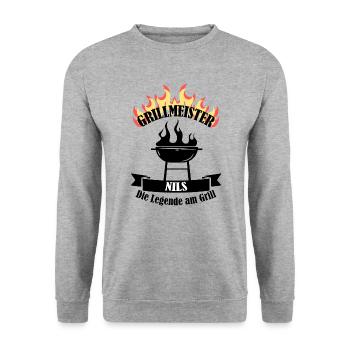 Grillmeister Nils lustiger Spruch Vorname - Unisex Pullover - Weißgrau meliert - Vorne - Alina (178cm) & Michal (187cm)