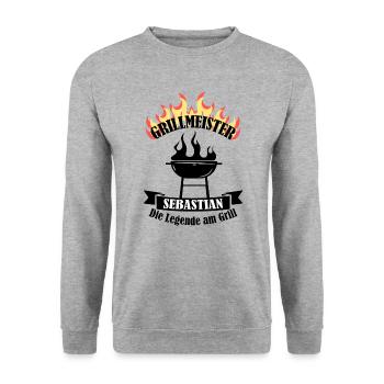 Grillmeister Sebastian lustiger Spruch Vorname - Unisex Pullover - Weißgrau meliert - Vorne - Alina (178cm) & Michal (187cm)