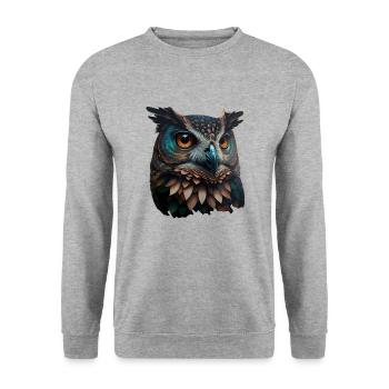 Elegante bunte Eule mit großen Augen - Unisex Pullover - Weißgrau meliert - Vorne - Alina (178cm) & Michal (187cm)